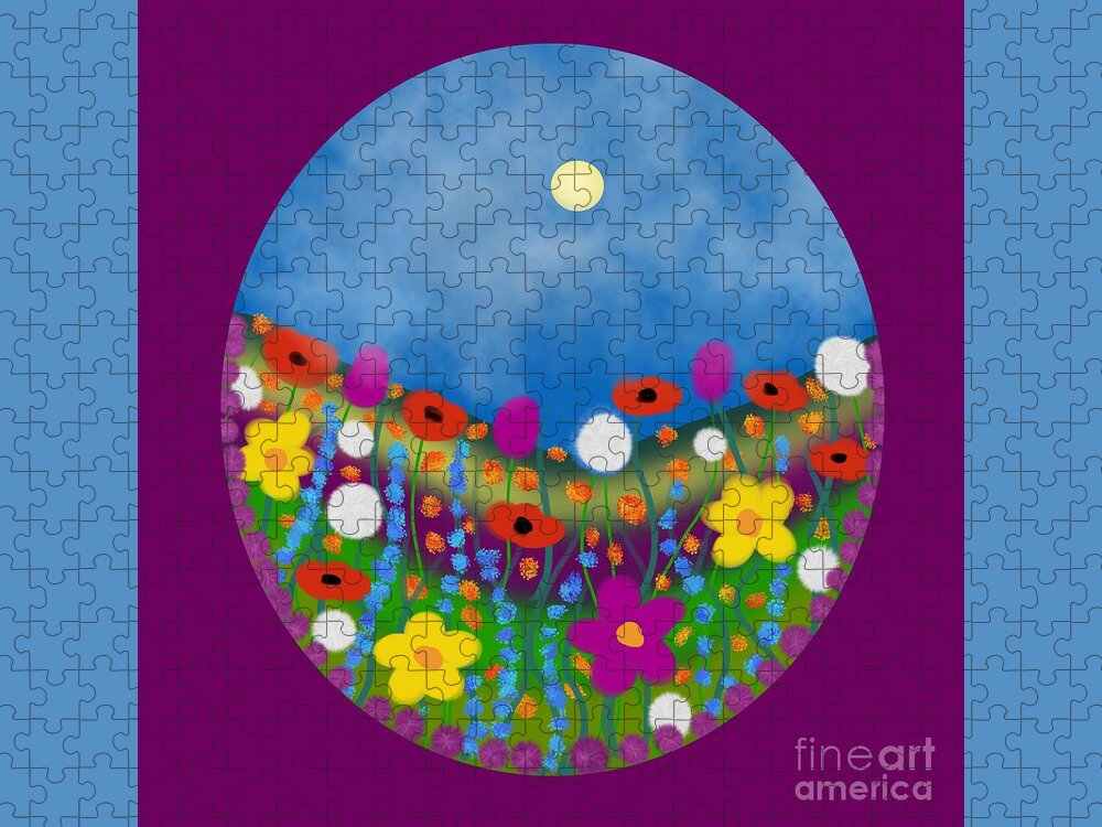 Multicoloured Flowers Jigsaw Puzzle featuring the digital art Colourful Floral meadow by Elaine Hayward