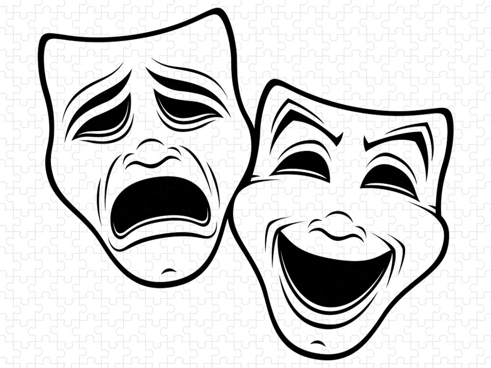 Comedy And Tragedy Theater Masks Black Line Jigsaw Puzzle by John