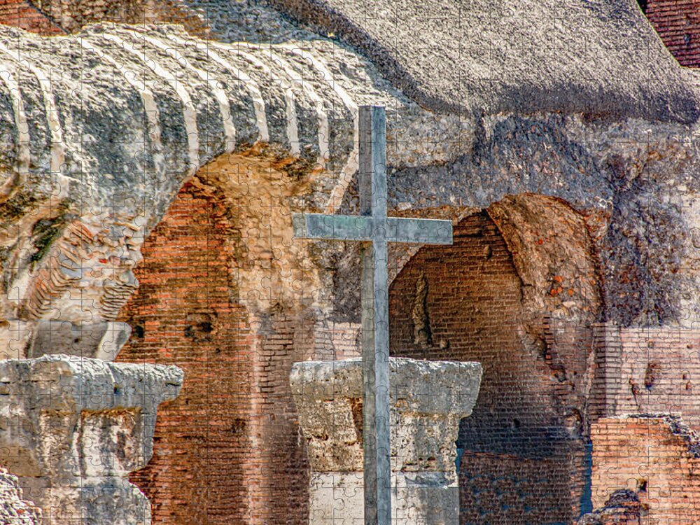 Italy Jigsaw Puzzle featuring the photograph Commemorative Cross in the Roman Coliseum by Marcy Wielfaert