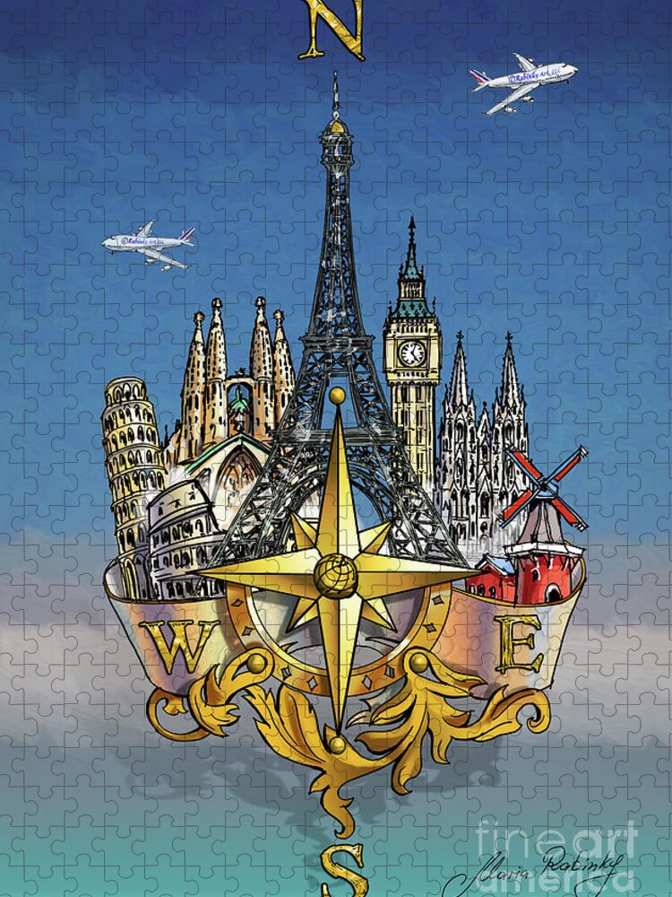 Europe Jigsaw Puzzle featuring the digital art Compass Rose Europe by Maria Rabinky