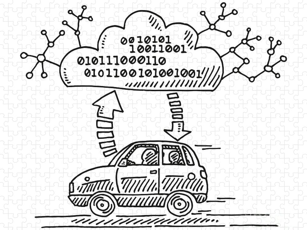 Sketch Jigsaw Puzzle featuring the drawing Connected Car Data Cloud Drawing by Frank Ramspott