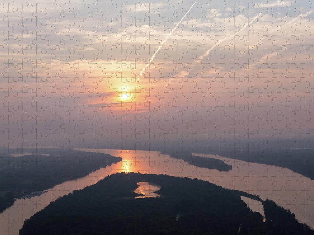 Contrail Jigsaw Puzzle featuring the photograph Contrails and Clouds - Ottawa River Sun Rise Painted by Airplanes by Georgia Mizuleva
