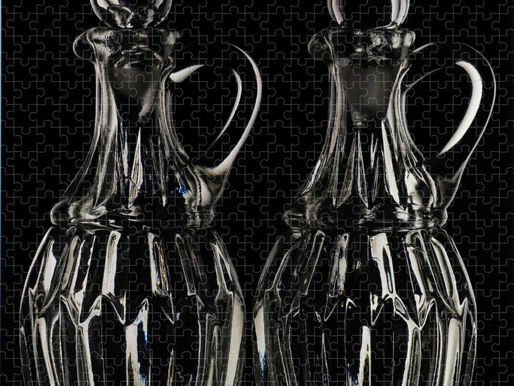 Cooking Jigsaw Puzzle featuring the photograph Convoy Oil and Vinegar Glass Bottles Black Background by Pablo Avanzini