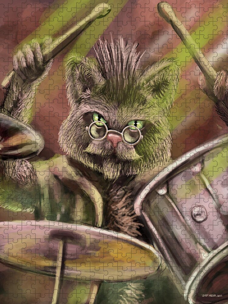 Cat Jigsaw Puzzle featuring the digital art Cool Cat Drummer by Larry Whitler