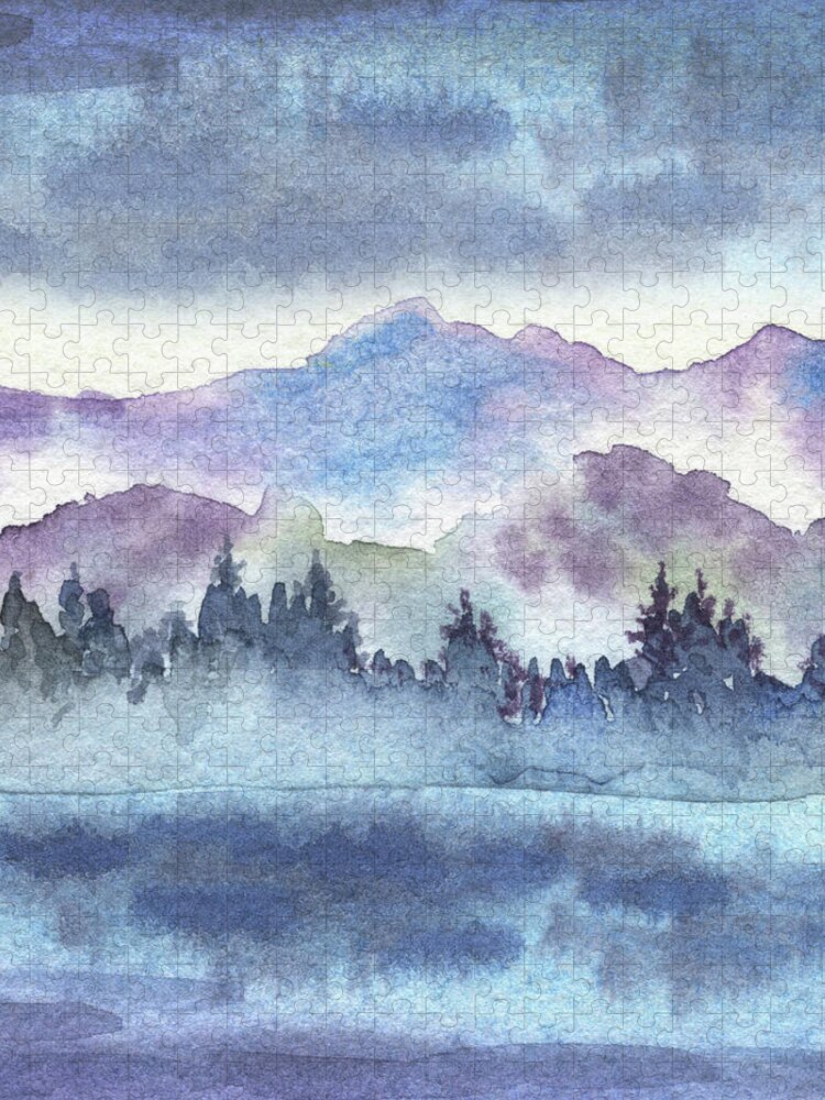 Purple Breeze Jigsaw Puzzle featuring the painting Cool Purple Breeze Watercolor River Landscape by Irina Sztukowski
