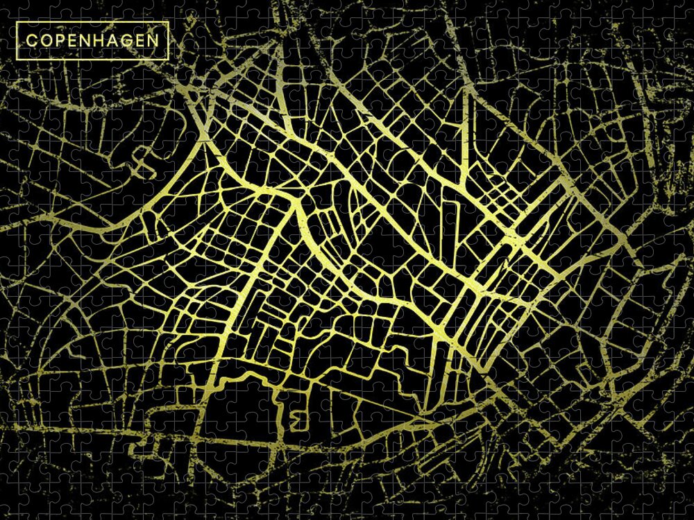 Map Jigsaw Puzzle featuring the digital art Copenhagen Map in Gold and Black by Sambel Pedes