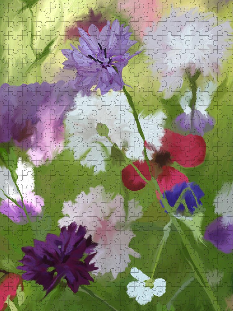 Cornflowers Jigsaw Puzzle featuring the mixed media Cornflower Fields by Ann Leech