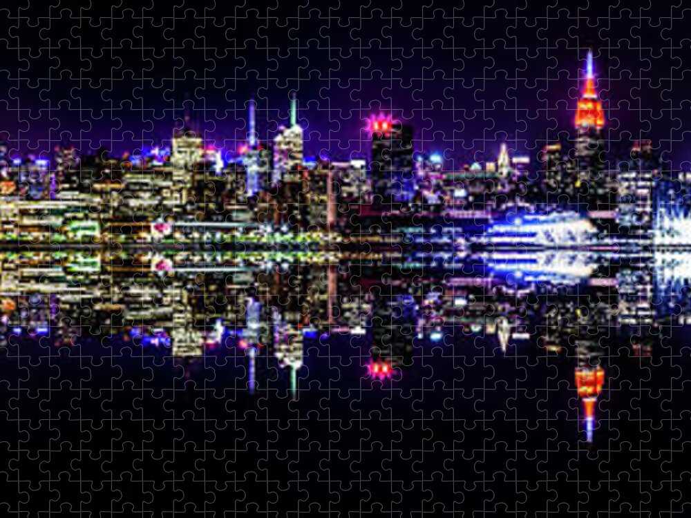 New York City Skyline At Night Jigsaw Puzzle featuring the photograph Corporate Cinema by Az Jackson