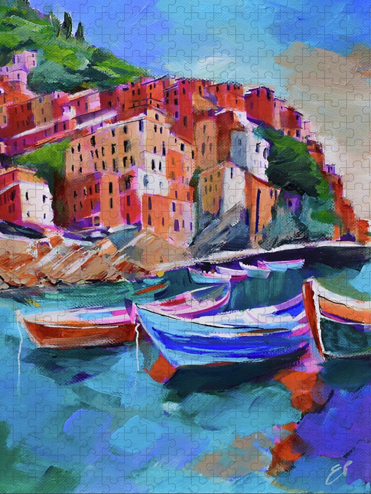 Cinque Terre Jigsaw Puzzle featuring the painting Coastal Charm - Cinque Terre by Elise Palmigiani
