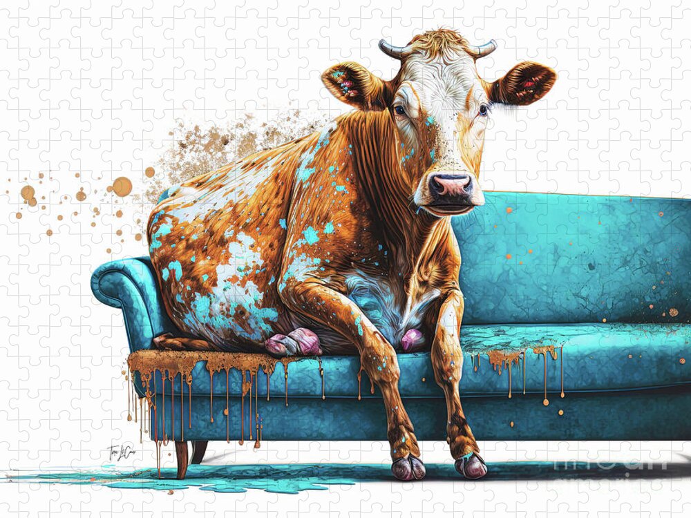 Cow Jigsaw Puzzle featuring the painting Utterly Comfortable by Tina LeCour