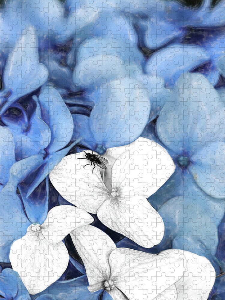 New England Jigsaw Puzzle featuring the digital art Country Fly Blue Hydrangea Watercolor by Tanya Owens