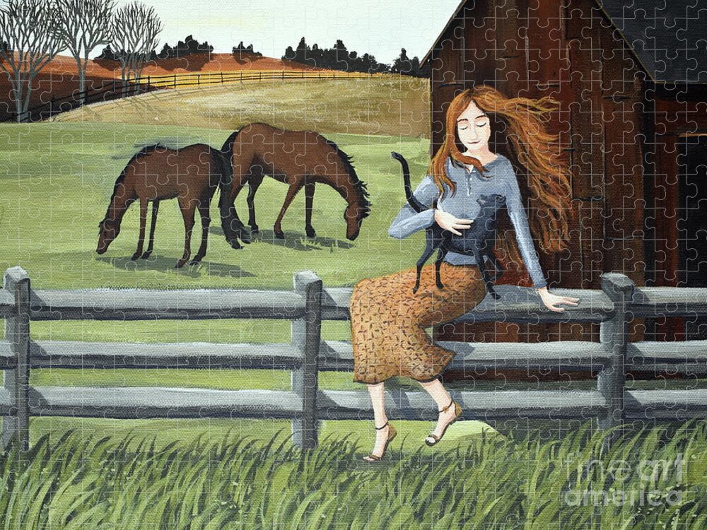 Country Jigsaw Puzzle featuring the painting Country Girl farm horse cat by Debbie Criswell