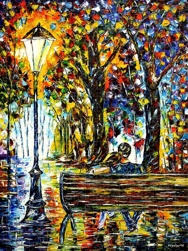 Lovers On A Bench Jigsaw Puzzle featuring the painting Couple On A Bench by Mirek Kuzniar