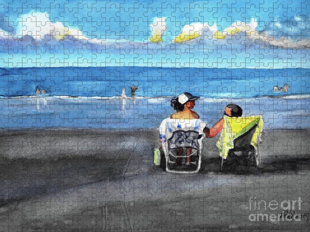 Beach Jigsaw Puzzle featuring the painting Couple on Beach by Vicki B Littell