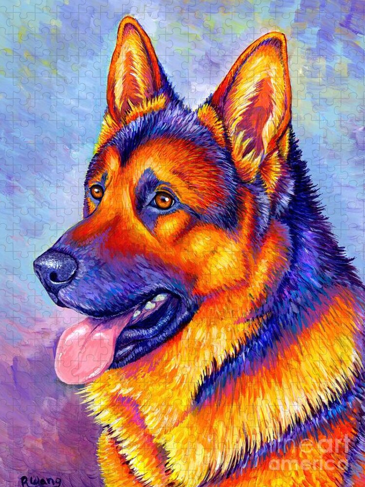 German Shepherd Jigsaw Puzzle featuring the painting Courageous Partner - Colorful German Shepherd Dog by Rebecca Wang