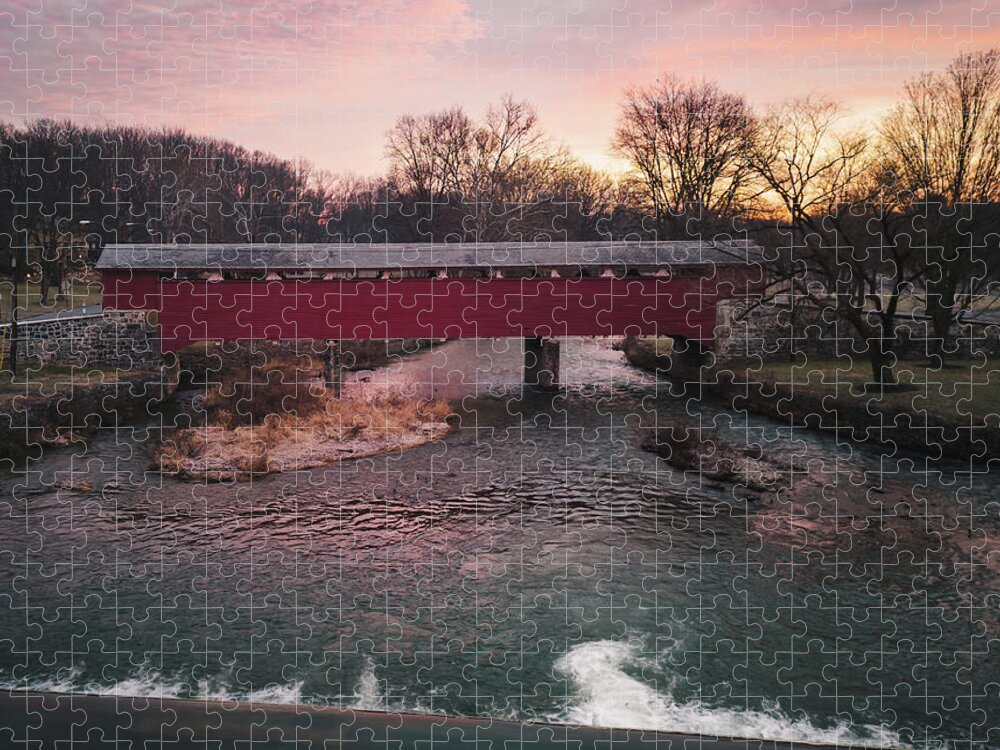 Wehr Jigsaw Puzzle featuring the photograph Covered Bridge Sunrise from Wehr's Dam by Jason Fink