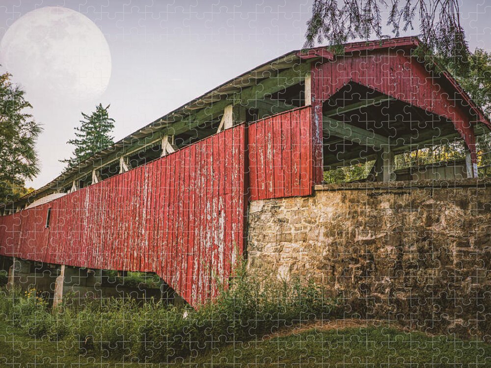 Bogert Covered Bridge Jigsaw Puzzle featuring the photograph Covered Bridge Under the Moon by Jason Fink
