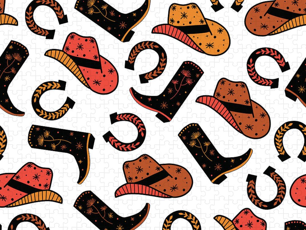 Retro Jigsaw Puzzle featuring the mixed media Cowboy doodles seamless pattern by Julien