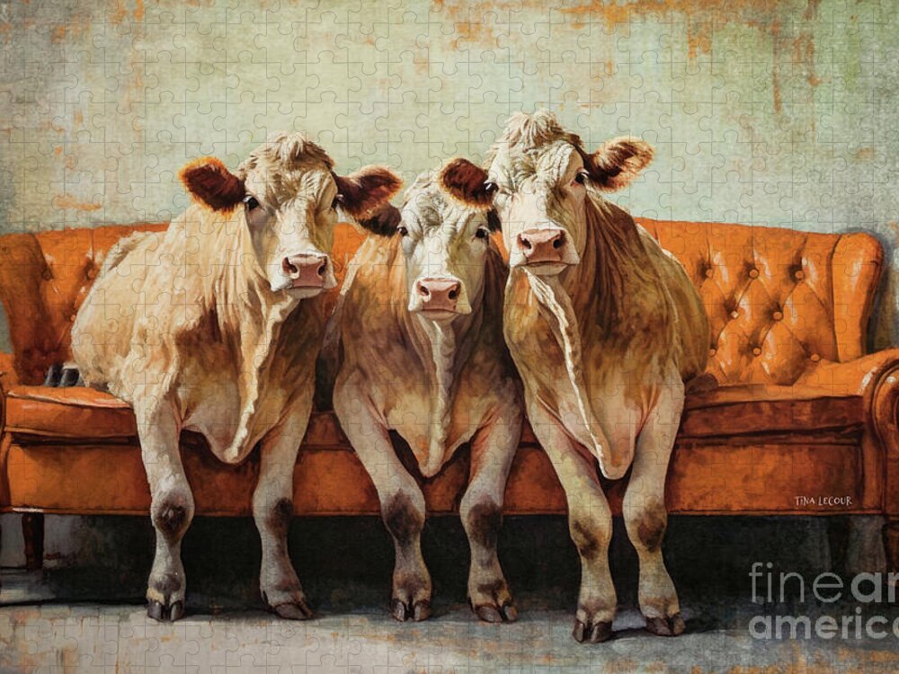 Cows Jigsaw Puzzle featuring the painting Cows Just Chillin by Tina LeCour