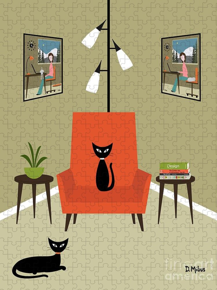 Mid Century Cat Jigsaw Puzzle featuring the digital art Cozy Reading Corner 3 by Donna Mibus
