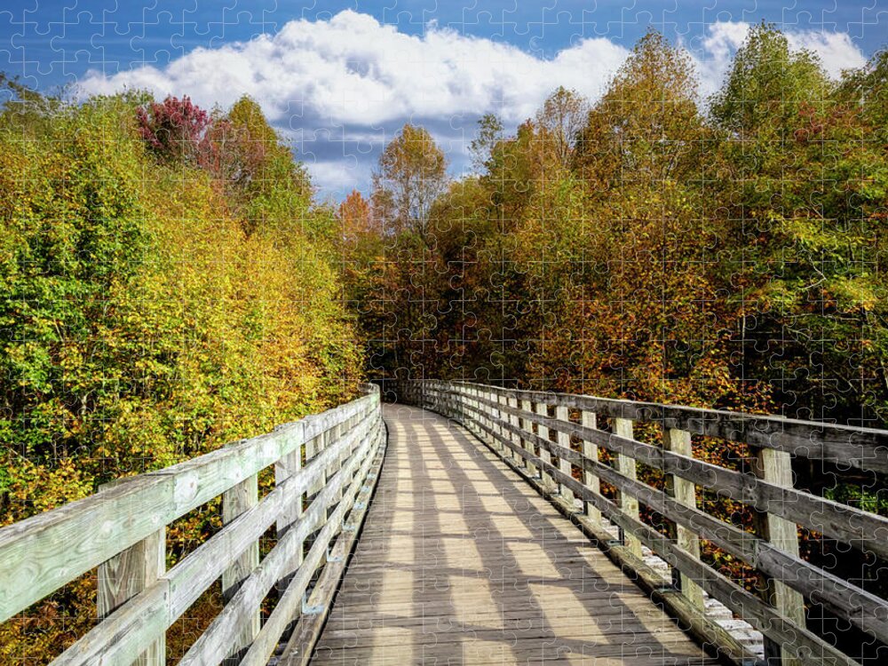 Clouds Jigsaw Puzzle featuring the photograph Creeper Trail Bridge in Autumn Colors Damascus Virginia by Debra and Dave Vanderlaan
