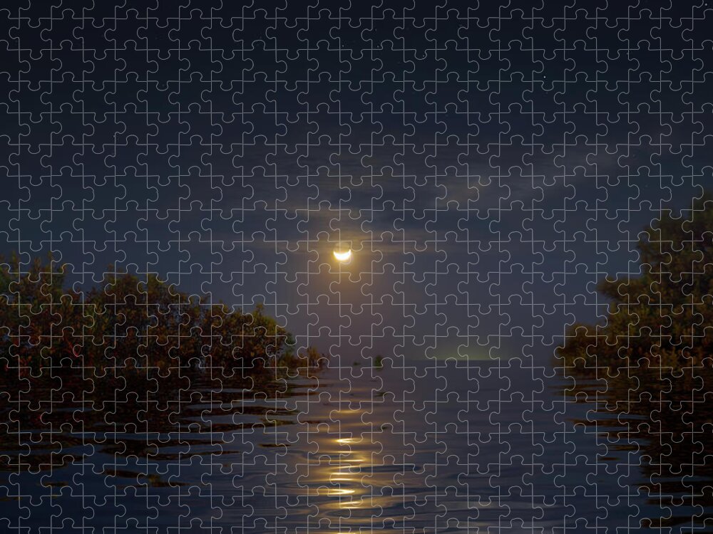 Moon Jigsaw Puzzle featuring the photograph Crescent Moon Over Florida Bay by Mark Andrew Thomas