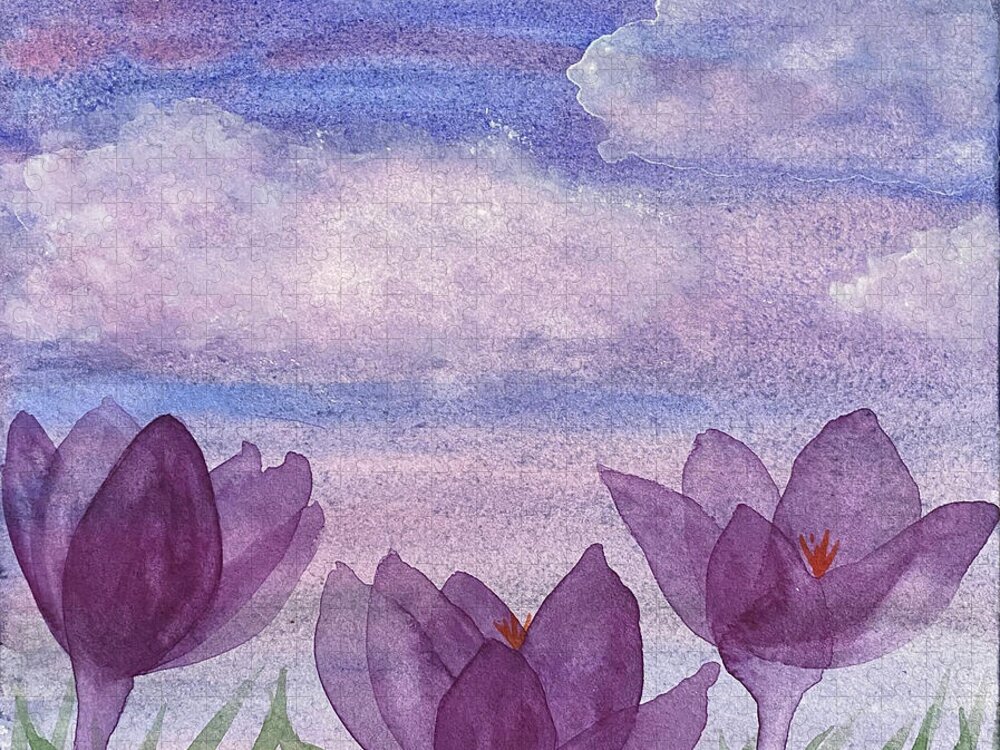 Crocuses Jigsaw Puzzle featuring the painting Crocuses and Clouds by Lisa Neuman