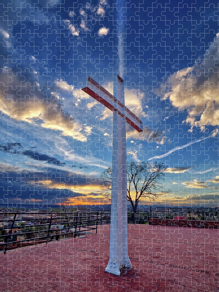 Cross Jigsaw Puzzle featuring the photograph Cross of the Martyrs - historical monument in Santa Fe New Mexico by Peter Herman