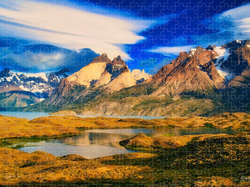 Lenticular Cloud Jigsaw Puzzle featuring the photograph Cuernos del Pain and Almirante Nieto in Patagonia by Bruce Block