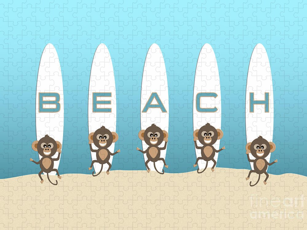 Monkey Jigsaw Puzzle featuring the digital art Cute Animal Monkeys with Surfboards and Beach Typography by Barefoot Bodeez Art