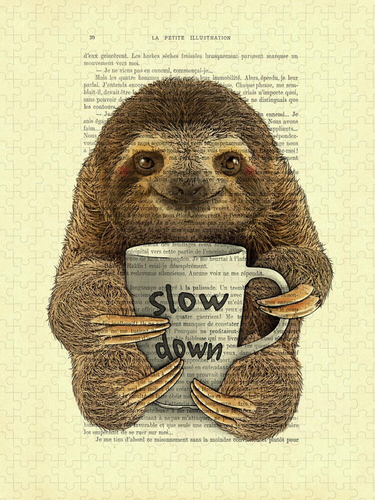 #faatoppicks Jigsaw Puzzle featuring the digital art Cute baby sloth with coffee mug Slow down quote by Madame Memento