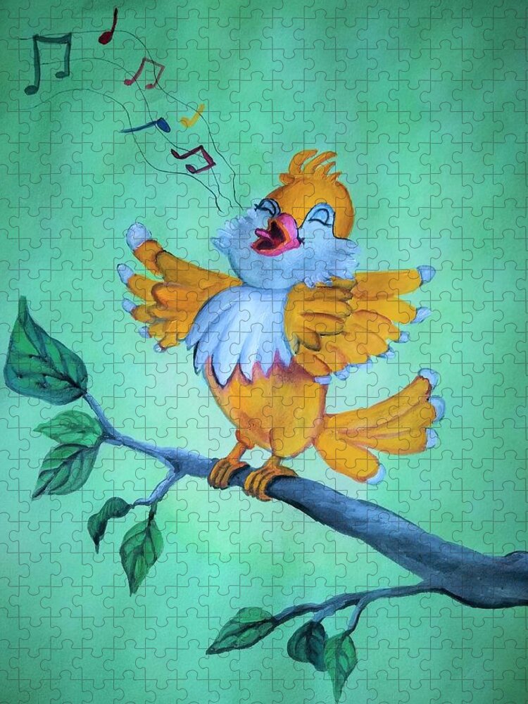 Bird Jigsaw Puzzle featuring the painting Cute bird singing by Tara Krishna