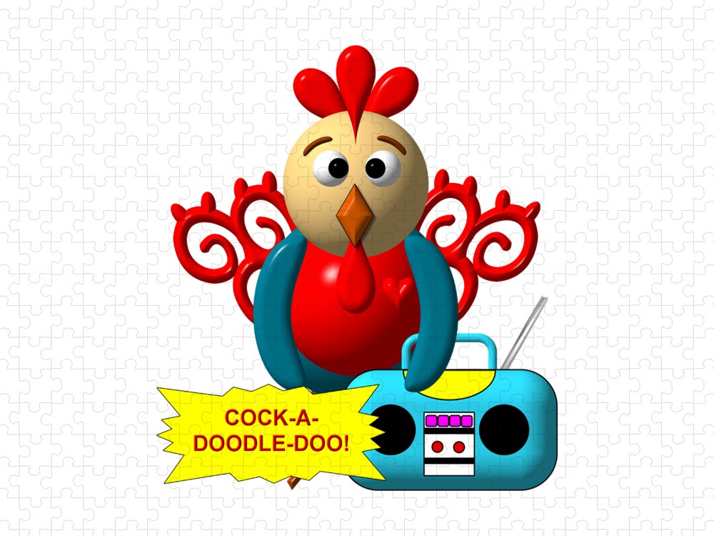 Cute Critters With Heart Rooster And Radio Jigsaw Puzzle featuring the digital art Cute Critters With Heart Rooster and Radio by Rose Santuci-Sofranko