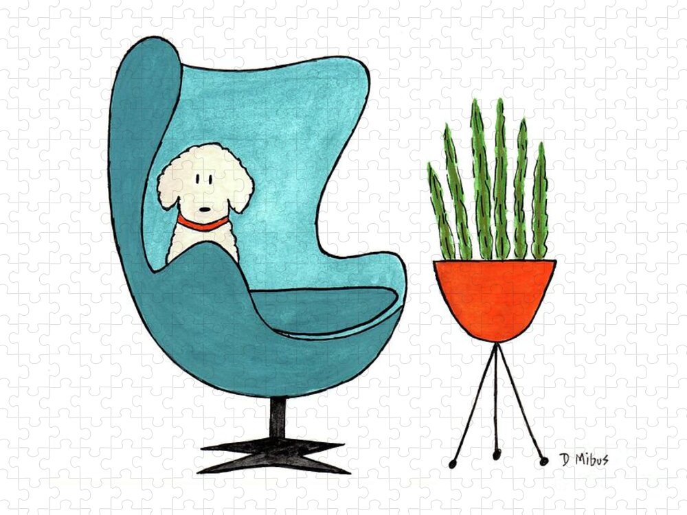Arne Jacobsen Egg Chair Jigsaw Puzzle featuring the painting Cute Dog in Teal Arne Jacobsen Chair by Donna Mibus