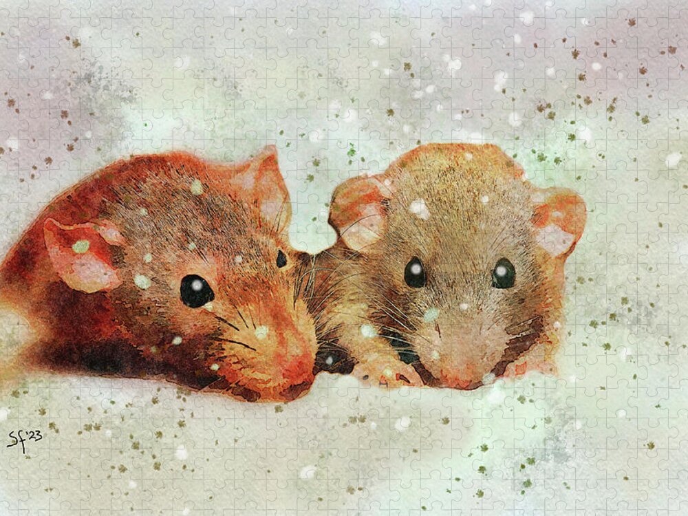 Cute Jigsaw Puzzle featuring the digital art Cute Mice Watercolor Painting by Shelli Fitzpatrick