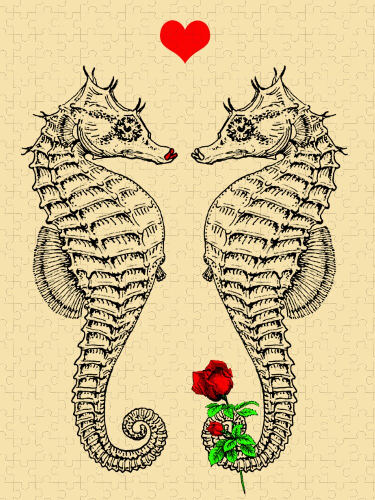 Seahorse Jigsaw Puzzle featuring the digital art Cute Seahorse Couple by Madame Memento