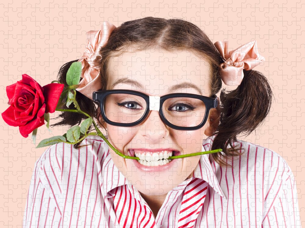 Funny Jigsaw Puzzle featuring the photograph Cute Smiling Woman Wearing Nerd Glasses With Rose by Jorgo Photography