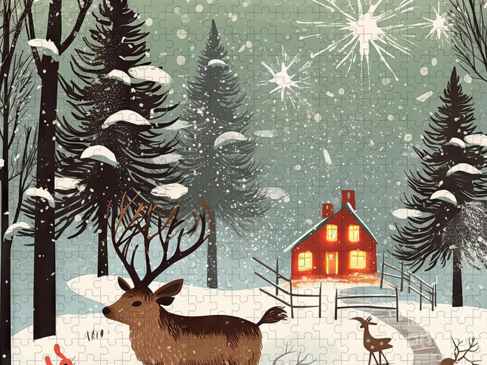 Winter Jigsaw Puzzle featuring the painting Cute Vector Illustration Of An Animal Deer Decorating A Christma by N Akkash