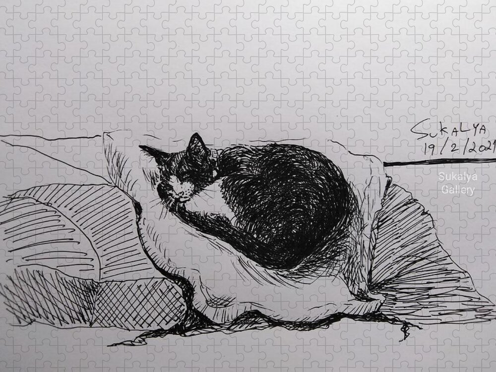 Cat Jigsaw Puzzle featuring the drawing Daily Routine by Sukalya Chearanantana