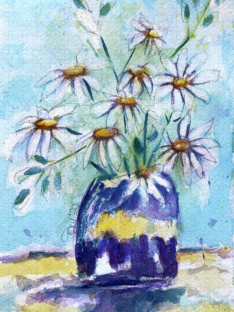 Loose Floral Jigsaw Puzzle featuring the painting Daisies in a Purple Vase by Roxy Rich