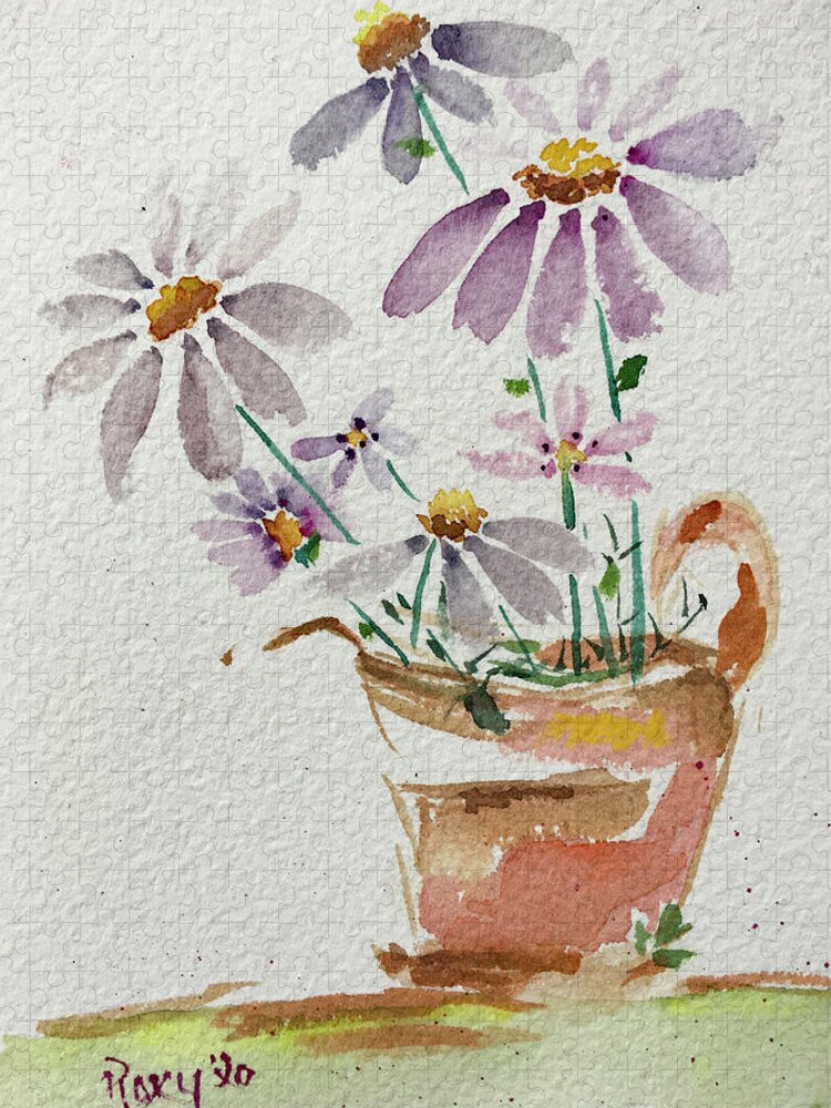 Daisy Jigsaw Puzzle featuring the painting Daisies in a Rusty Copper Pitcher by Roxy Rich