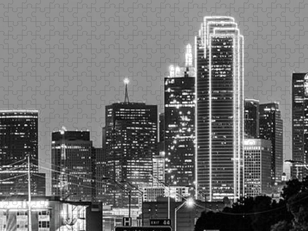 Dallas Skyline Panorama Jigsaw Puzzle featuring the photograph Dallas City Skyline Panoramic in Black and White by Gregory Ballos