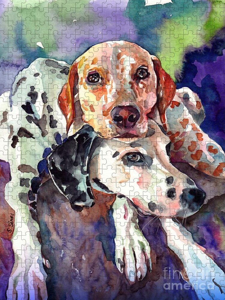 Dalmatians Jigsaw Puzzle featuring the painting Dalmatians On Purple Blanket by Suzann Sines