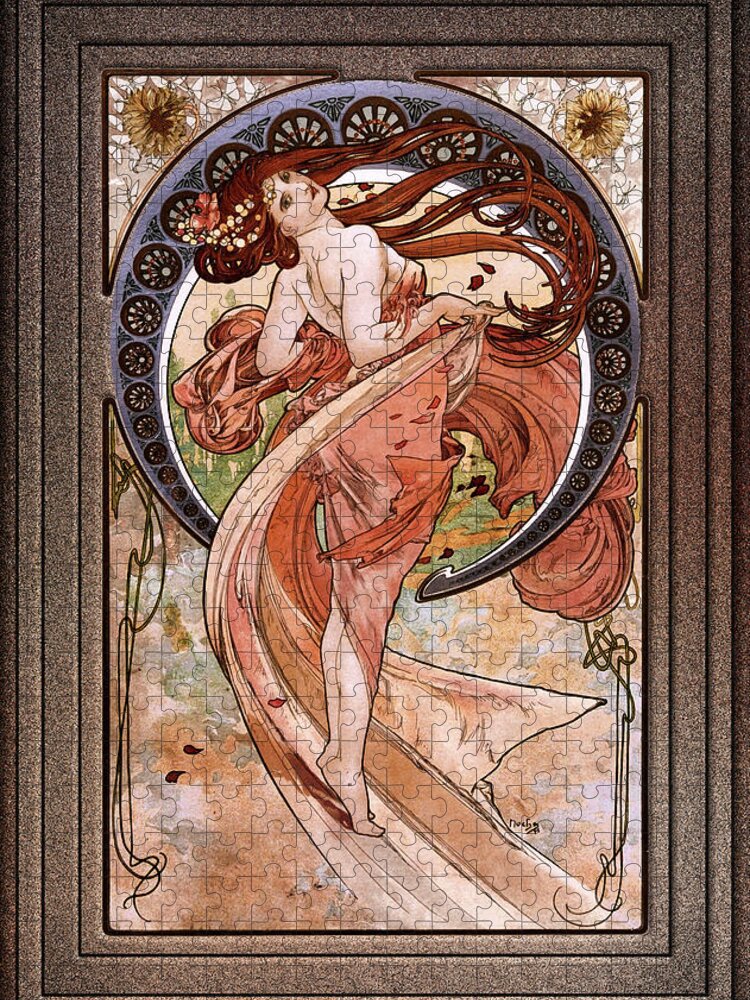 Dance Jigsaw Puzzle featuring the painting Dance by Alphonse Mucha Black Background by Rolando Burbon