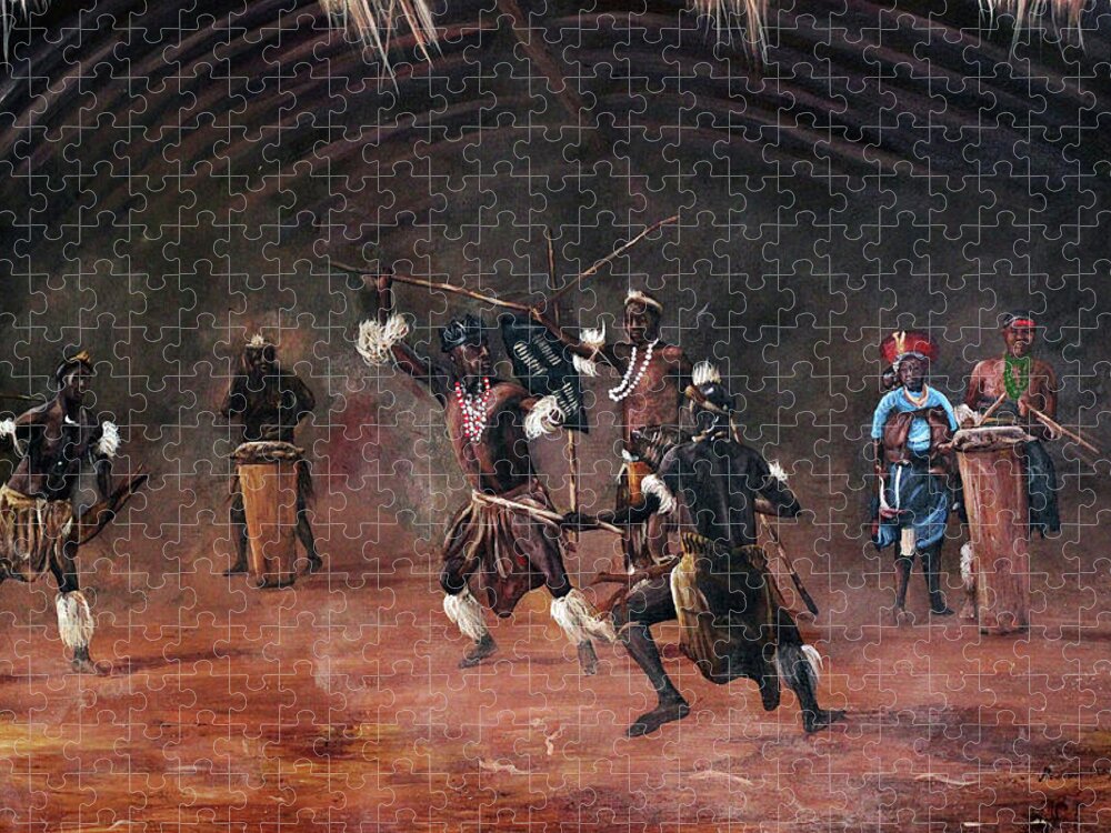 African Art Jigsaw Puzzle featuring the painting Dance Of Spears by Ronnie Moyo