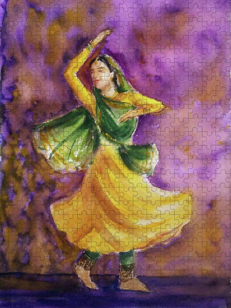 Kathak Dancer Jigsaw Puzzle featuring the painting Dancer by Asha Sudhaker Shenoy