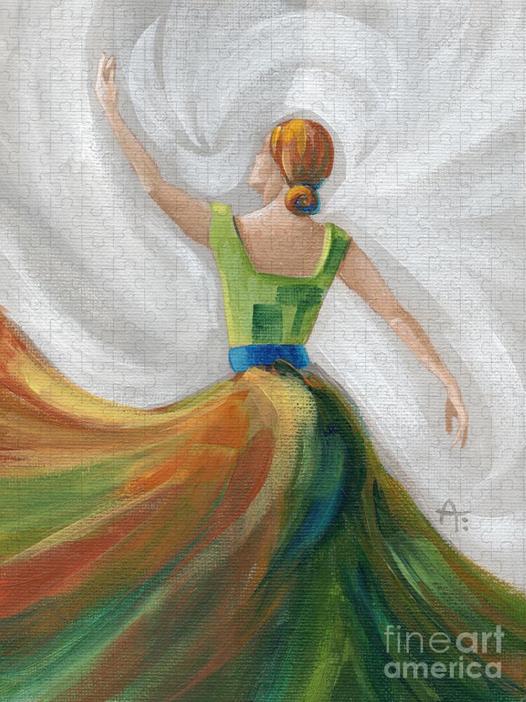 Dancer Jigsaw Puzzle featuring the painting Dancer - Rust, Greens Blues by Annie Troe