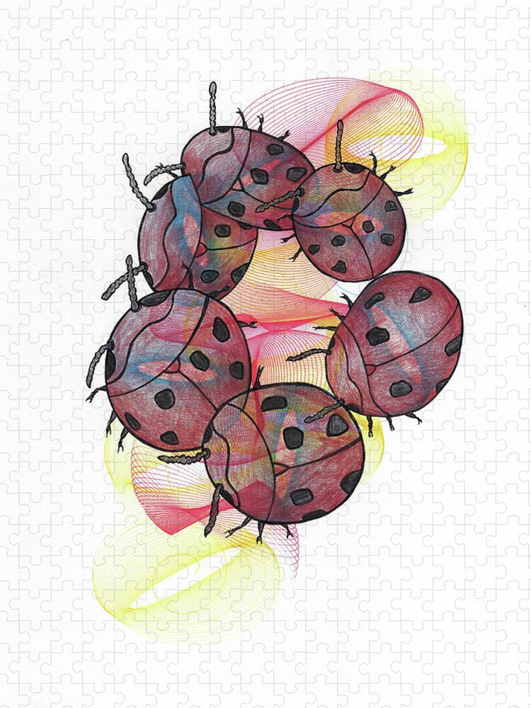 Lady Beetles Jigsaw Puzzle featuring the mixed media Dancing Lady Beetles by Teresamarie Yawn