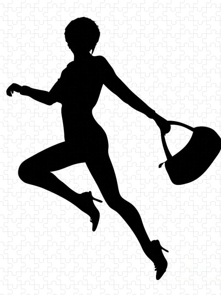 Black And White Jigsaw Puzzle featuring the digital art Dancing Lady with Purse by Pete Klinger