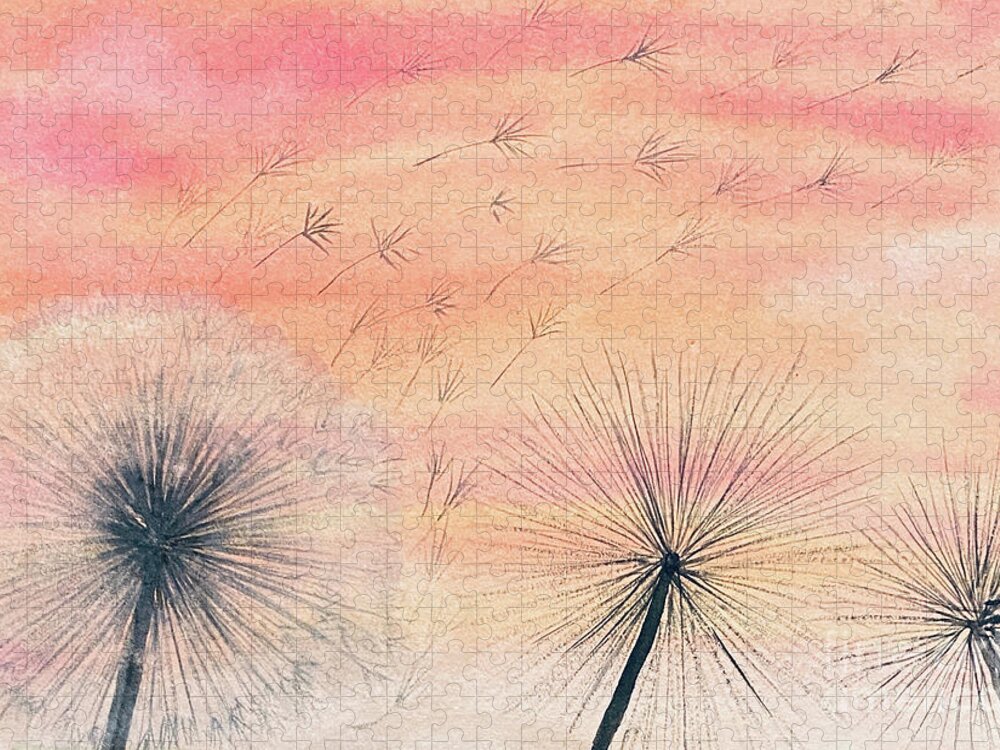 Dandelions Jigsaw Puzzle featuring the painting Dandelions at Sunset by Lisa Neuman